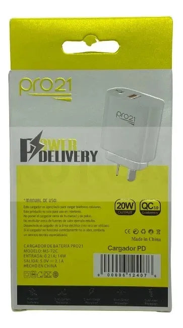 Cargador Celular 20w Ultra Rápido Para Samsung/Motorola | 2 Puertos 1 Usb + 1 Tipo C. Pro 21